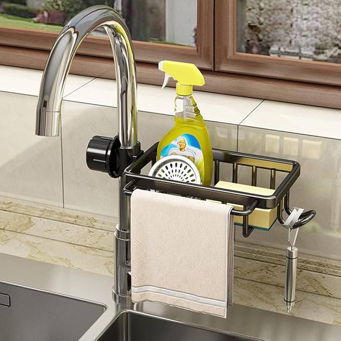 Faucet Sponge Holder Upgraded Kitchen Sink Caddy Organizer with Dish Towels Drying Rack & Hooks Over Faucet Hanging Faucet Drain Rack for Sink Organizer (with Towel Rack-Right, Black)