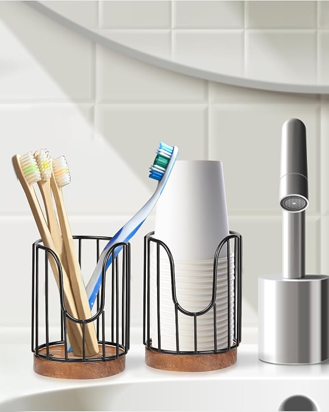 2PCS Rural Style Bathroom Cup Dispenser, Small Disposable Paper Cup Holder, 3oz Disposable Mouthwash Cup Storage Rack, Iron Bathroom Organizer