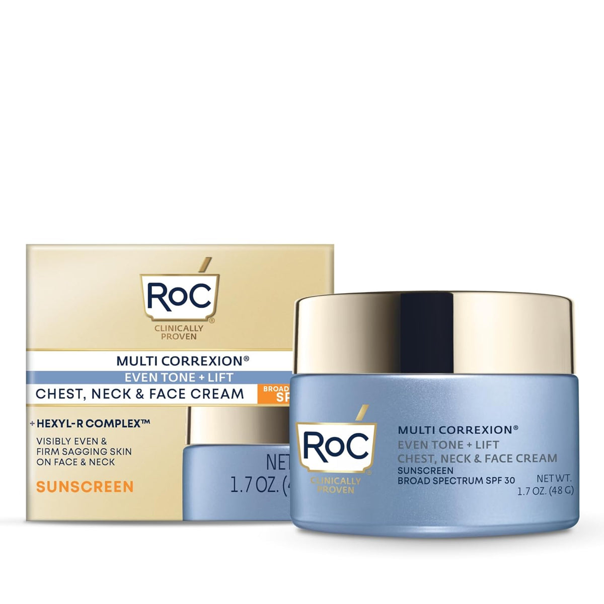 RoC Multi Correxion 5 in 1 Chest Neck Face Moisturizer Face Cream with SPF 30 for Visible Wrinkle and Neck Firming and Tightening, Oil Free Skin Care, 1.7 oz (Packaging May Vary)