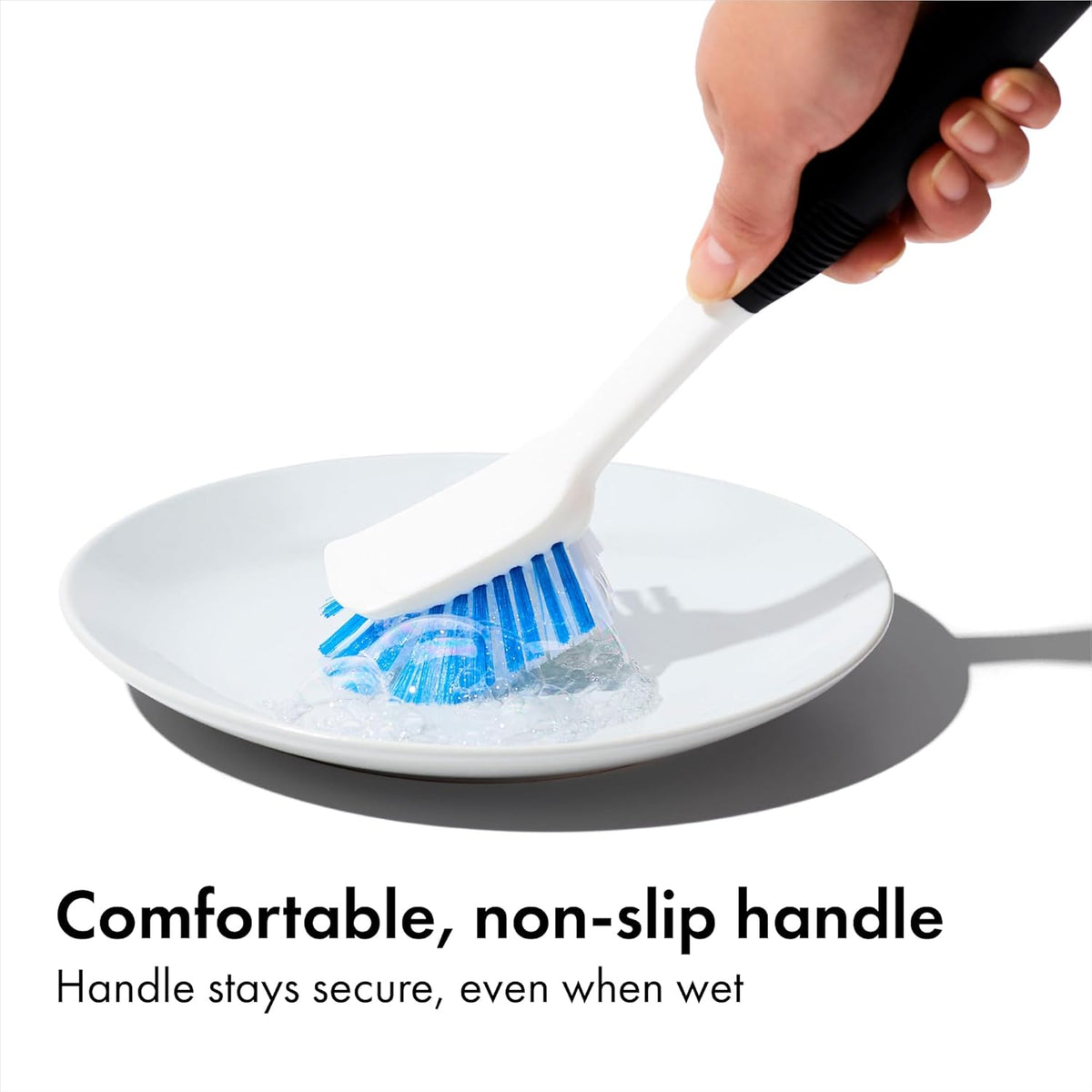 OXO Good Grips Dish Brush, Nylon Bristles with Built-in Scraper, Safe for Non-Stick Cookware, Non-Slip Handle, Dishwasher Safe