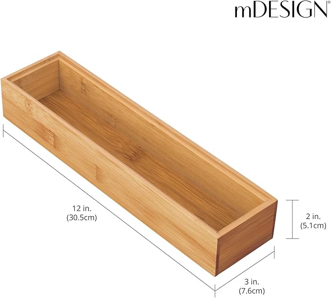 mDesign Slim Wooden Bamboo Drawer Organizer - 12" Long Stackable Storage Box Tray for Kitchen Drawers/Cabinet - Utensil, Silverware, Spatula, Flatware Holder - Echo Collection, 2 Pack, Natural Wood