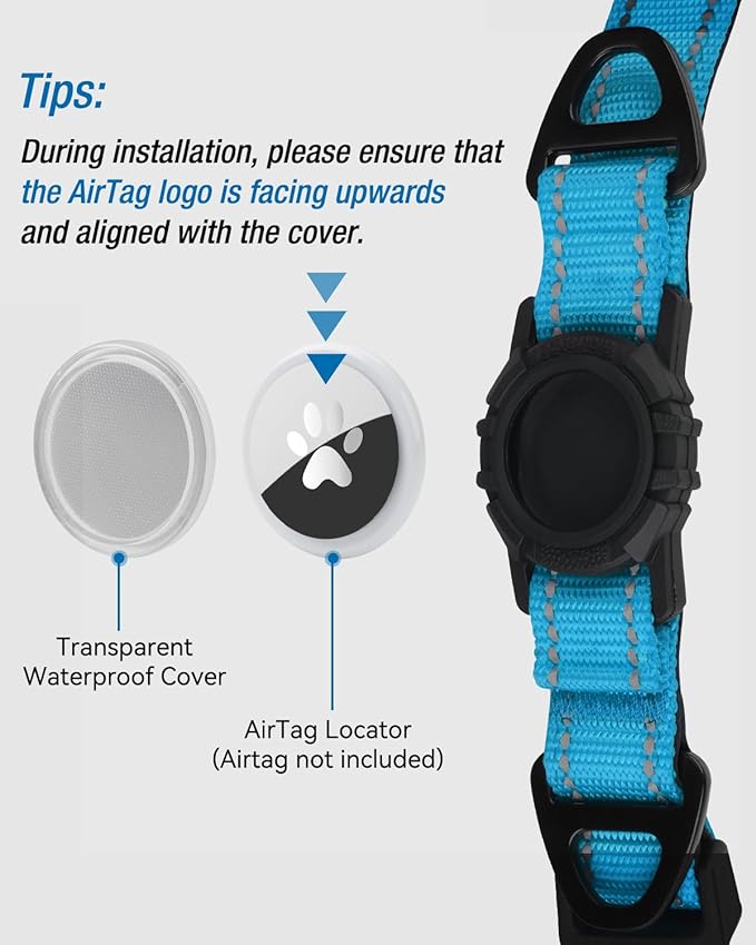 Joytale Airtag Dog Collar, Reflective Pet Collar with Waterproof AirTag Holder, Dual D-Rings, Soft Padded Adjustable for Extra Small and Puppy Dogs, SkyBlue, XS