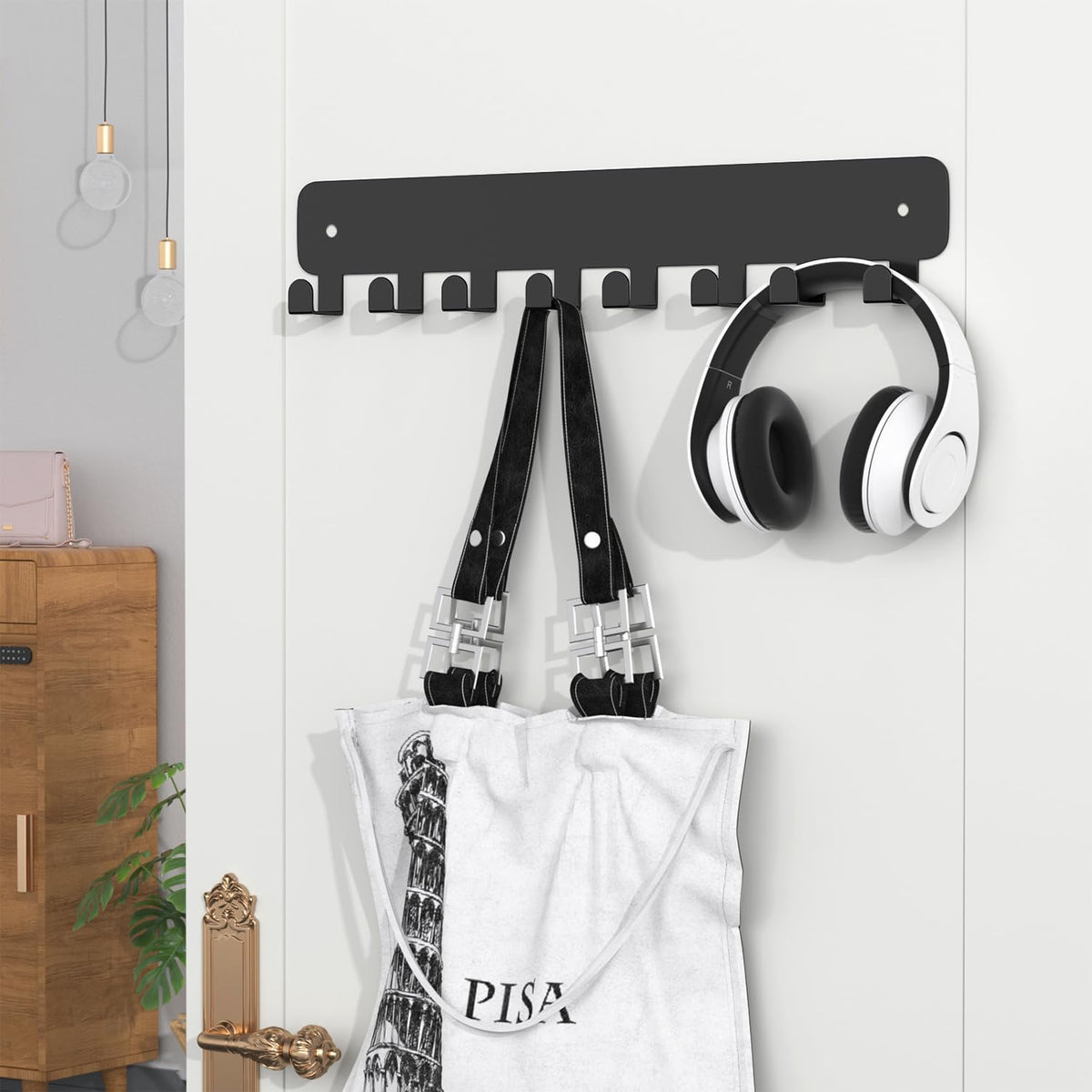 pickpiff Key Holder Wall Mount, Adhesive Key Rack with 8 Hooks Hanger for Car Key Ring, Metal Key Chain Organizer, Black 1 Pack