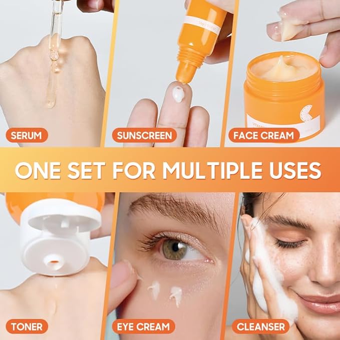 6 Pcs -Vitamin C Skincare Set for Face - with Cleanser, Serum, Eye Cream, Moisturizer, Sunscreen & Toner | Brightening, Hydrating& Anti-Aging,Perfect for Teens & Girls,Moisturizing Face Skin Care Kit