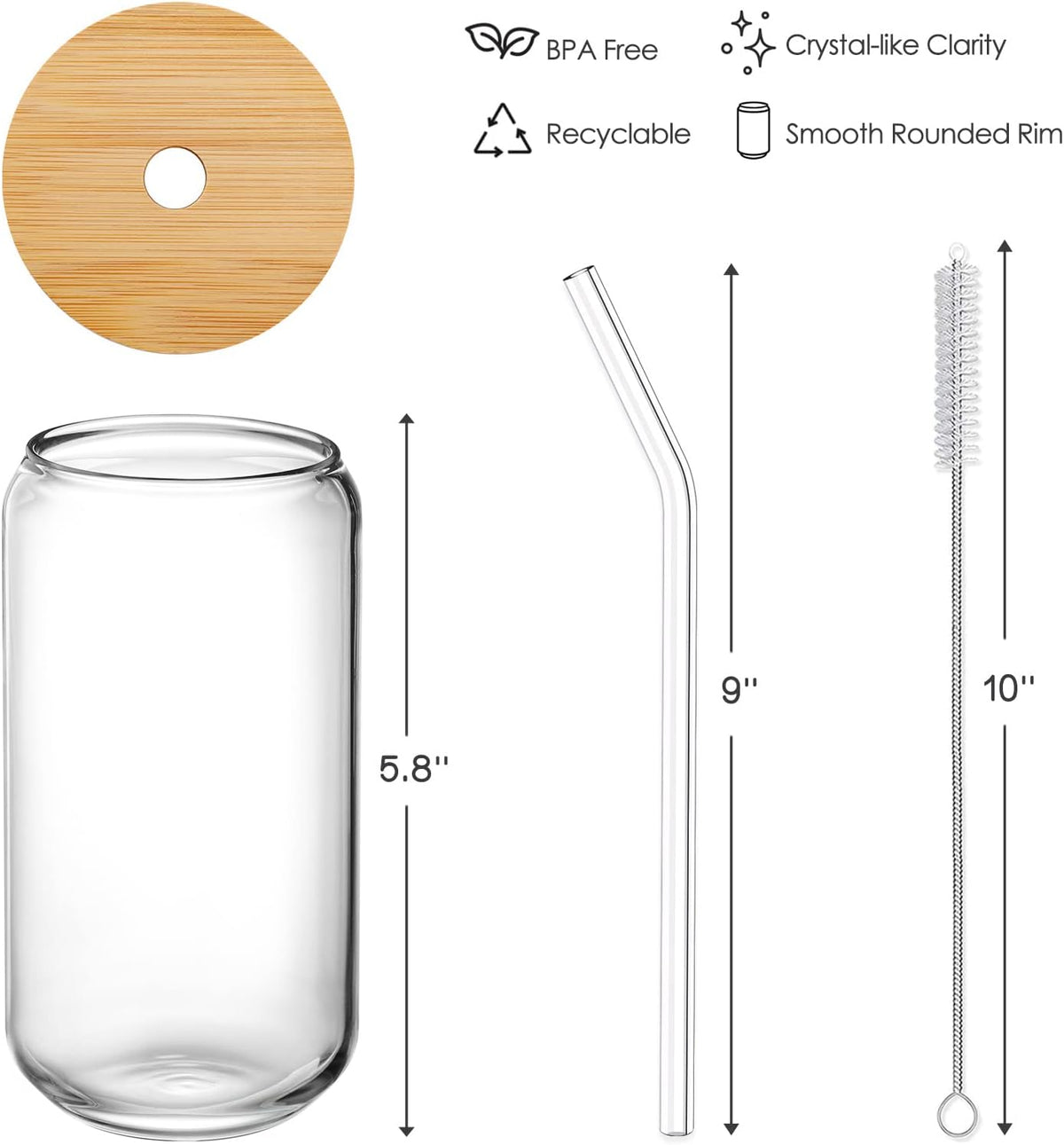 Drinking Glasses with Bamboo Lids and Glass Straw 4pcs Set - 16oz Glass Cups, Iced Coffee Glasses, Cute iced Tea Glasses, Beer Glasses, Ideal for Coffee Bar Accessories, Aesthetic Gift - 2 Brushes