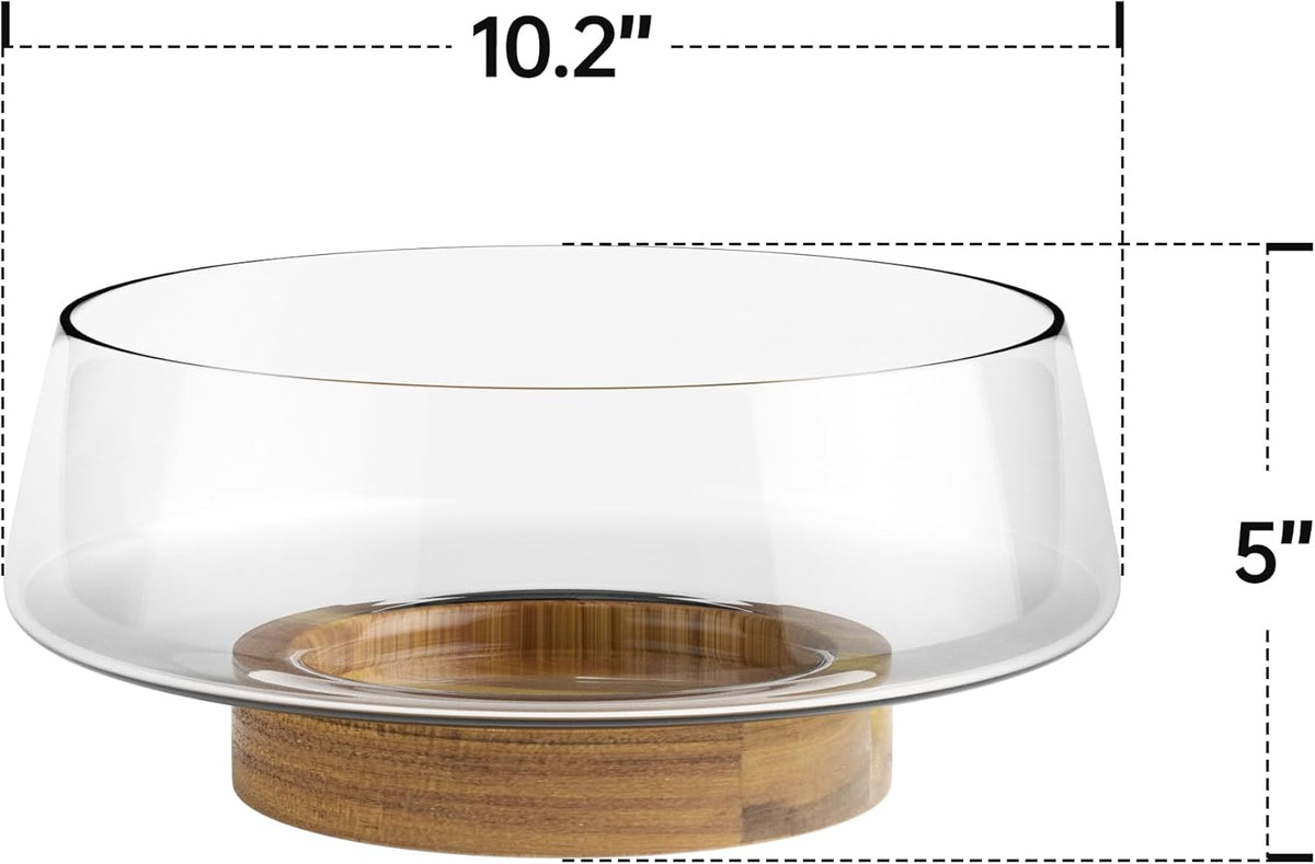 Extra Large Glass Salad Bowl Set - Party Salad Bowls with Acacia Wood Base and Serving Utensils - Elegant and Practical Kitchen Must-Have