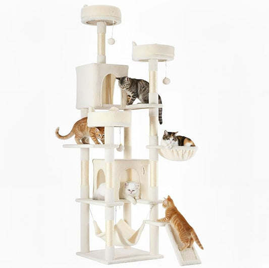 Large Cat Tree 75 Inch, Multi-Level Tall Cat Tree Tower with Condo, Perches, Sisal Scratching Posts Board and Hammock, Pet Play House with Dangling Balls for Indoor Cats, Beige