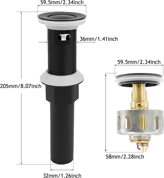 Bathroom Sink Drain,2 Pack Drain Stopper with Overflow,Small Cap Pop Up Drain Assembly with Detachable Strainer Basket,Built-in Anti-Clogging, Stainless Steel Nut Matte Black