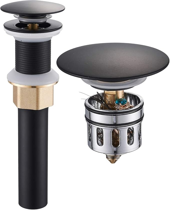 REGALMIX Pop Up Drain, Bathroom Faucet Vessel Vanity Sink Drain Stopper, Built-in Anti-Clogging Strainer, Without Overflow Matt Black,Fits Standard American Drain Hole(1-1/2" to 1-3/4") RWF082G
