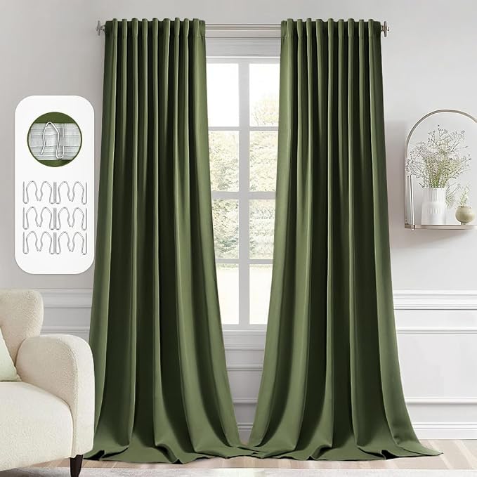 MIULEE Olive Green Back Tab Blackout Curtains 120 Inch Long 2 Panels Set