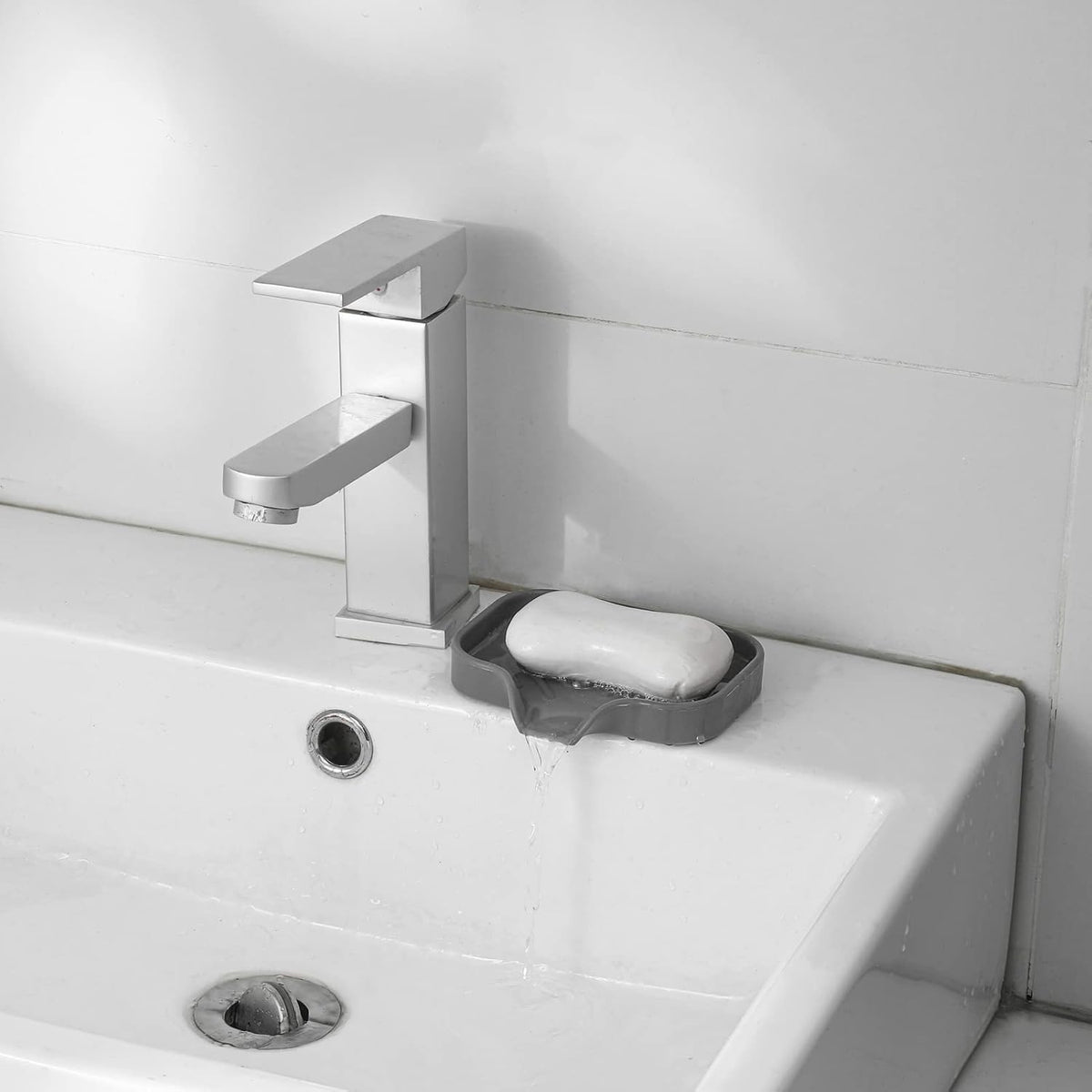 Silicone Bathroom Soap Dishes with Drain Spout-Bathroom and Kitchen Sink Organizer,Sponge Holder,Dish Soap Tray,Perfect for Dispenser,Scrubber,Bottle,Cup on Sink or Counter-Grey 4.9"×3.2"