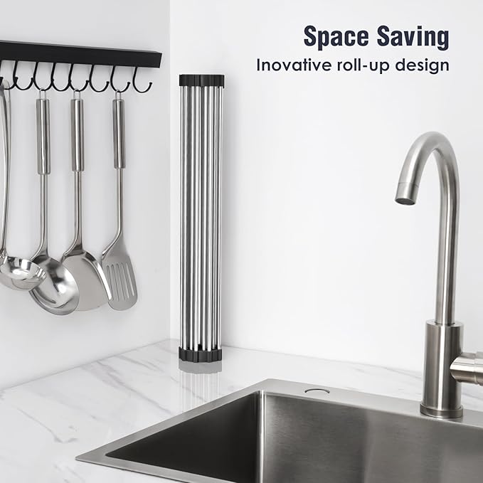 Tomorotec 21" x 15.5" Roll Up Dish Drying Rack Over Sink Drying Rack Sink Cover Kitchen Sink Accessories Gadget Multipurpose Organizer Foldable Stainless Steel Drainer