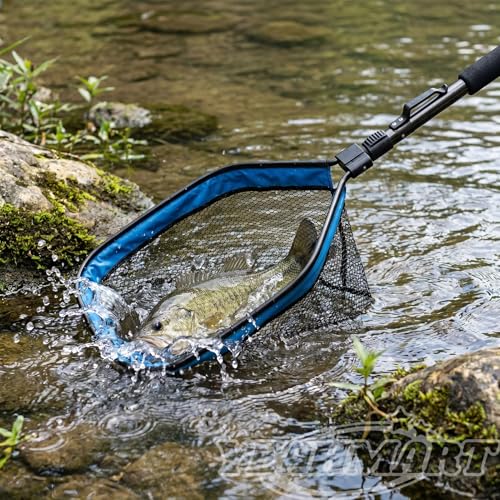 Yeahmart Floating Fishing Net Foldable Landing Net with Pole Handle, Blue | Portable Fishing Gear with Rubber Coated Mesh & Aluminum Handle for Kayak, Fly, Trout, Steelhead, Salmon, Bass Fishing - size: 39.3" Total Length (Telescopic Handle)