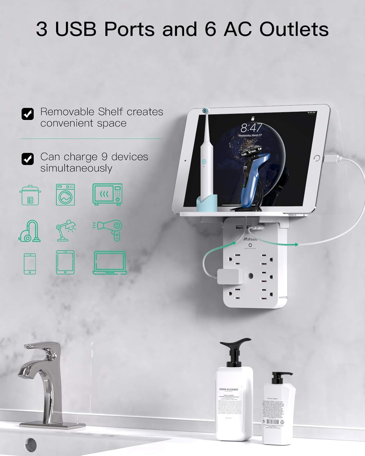 Wall Outlet Extender with Surge Protector, 6 AC Outlets, Shelf, 2 USB & USB C Charging Ports - Home & Dorm Plug Expander