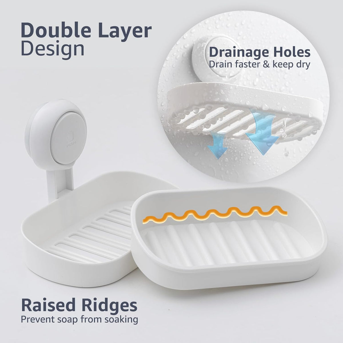 LEVERLOC Soap Dish Holder for Shower Suction Cup Wall Mounted Self Draining NO-Drilling Removable Bar Soap Sponge Holder for Bathroom Bathtub Kitchen Sink Waterproof Strong Vacuum Suction Adhesion