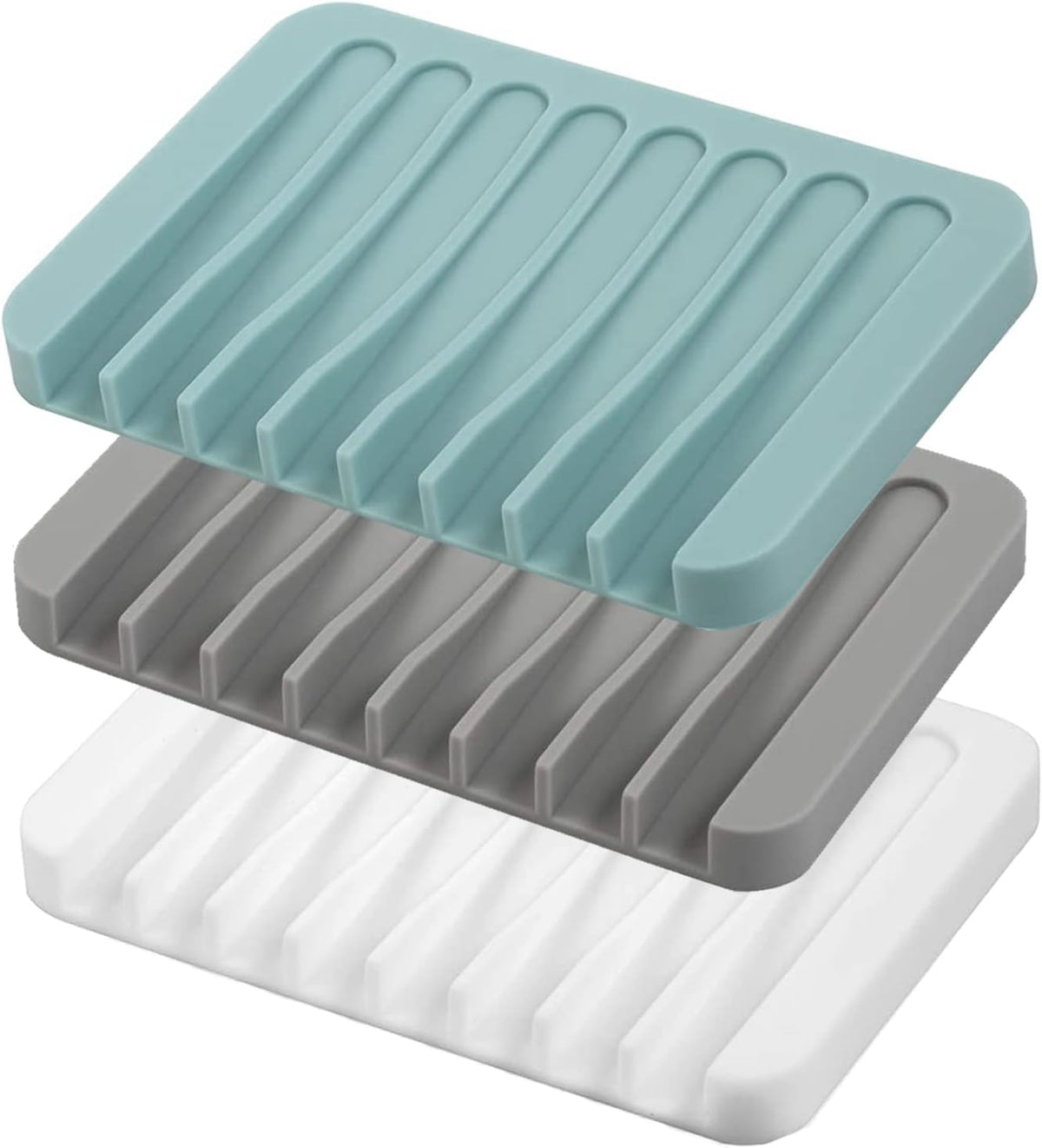 Self Draining Soap Dishes, 3 Pcs Silicone Soap Saver, Waterfall Drainer Soap Holder for Bathroom, Extend Soap Life, Keep Soap Bars Dry Clean & Easy Cleaning (White, Gray, Teal)