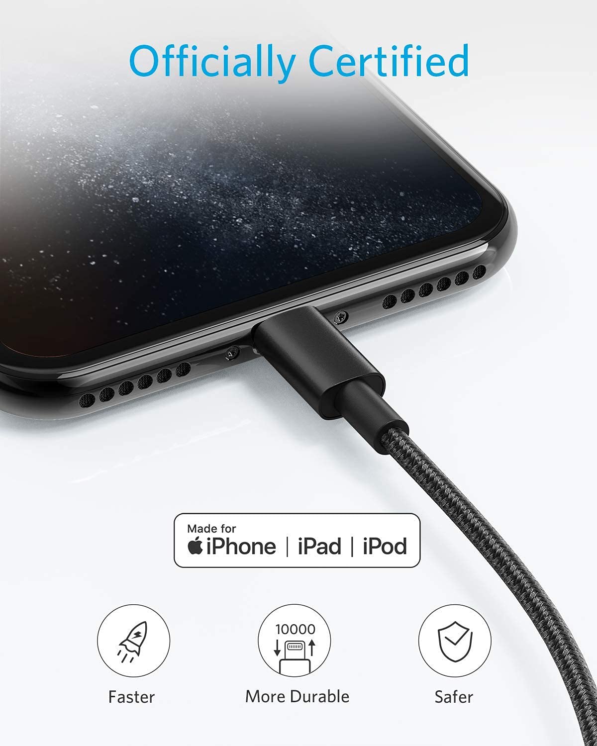 Anker 6 ft Premium Double-Braided Nylon Lightning Cable, Apple MFi Certified for iPhone Chargers, iPhone X/8/8 Plus/7/7 Plus/6/6 Plus/5s, iPad, iPad mini, and More (Black)