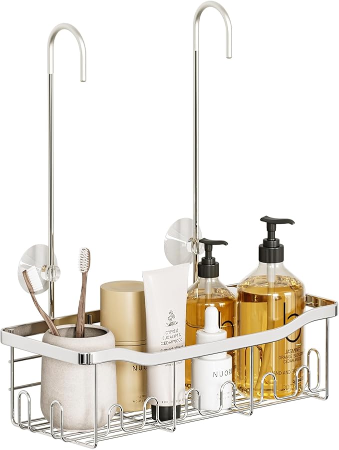 BYT Shower Caddy Hanging, Shower Organizer Hanging for Bathroom, Shower Basket with Hooks, Shower Storage, Shelf, Rack No Drilling for Faucet or Cross Bar (Silver)