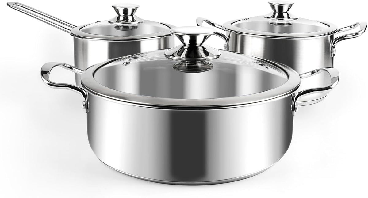 Stainless Steel Pots and Pans Set, 6 Piece Kitchen Induction Cookware Sets with Glass Lids, Works with Induction, Electric and Gas Cooktops, Non Toxic, Oven & Dishwasher Safe