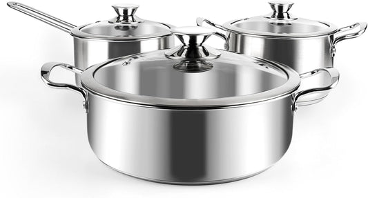 Stainless Steel Pots and Pans Set, 6 Piece Kitchen Induction Cookware Sets with Glass Lids, Works with Induction, Electric and Gas Cooktops, Non Toxic, Oven & Dishwasher Safe