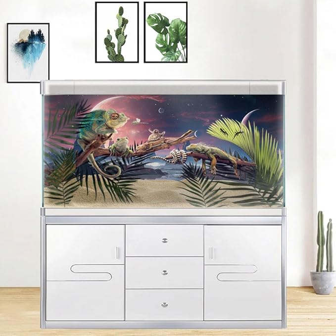 30X12IN Cosmic Spaceterrarium Background, Cool Parallel Space Themed Aquarium Reptile Habitat Background, Red Moon Aquarium Background with 10EVA Double-Sided Tape