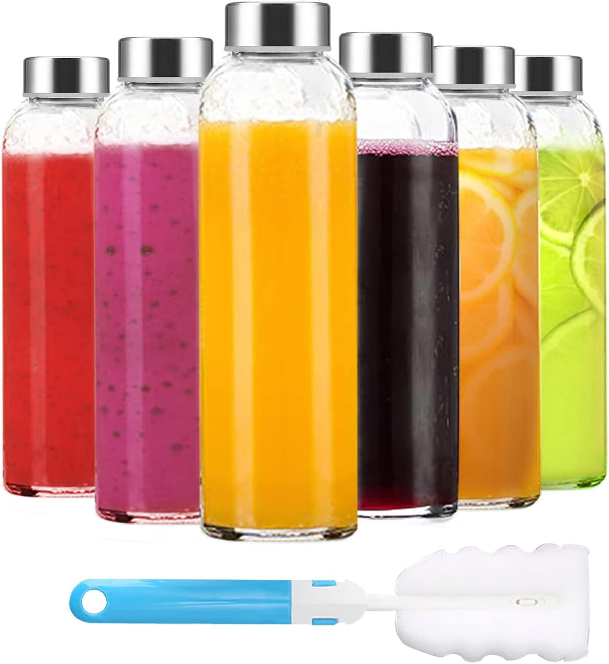 Clear Glass Bottles with Lids 18 oz, Reusable Glass Water Bottles with Stainless Steel Cap for Refrigerator, Juicing, 100% Leak Proof, BPA Free, Juice Bottle Drinking Jar Containers Set of 6