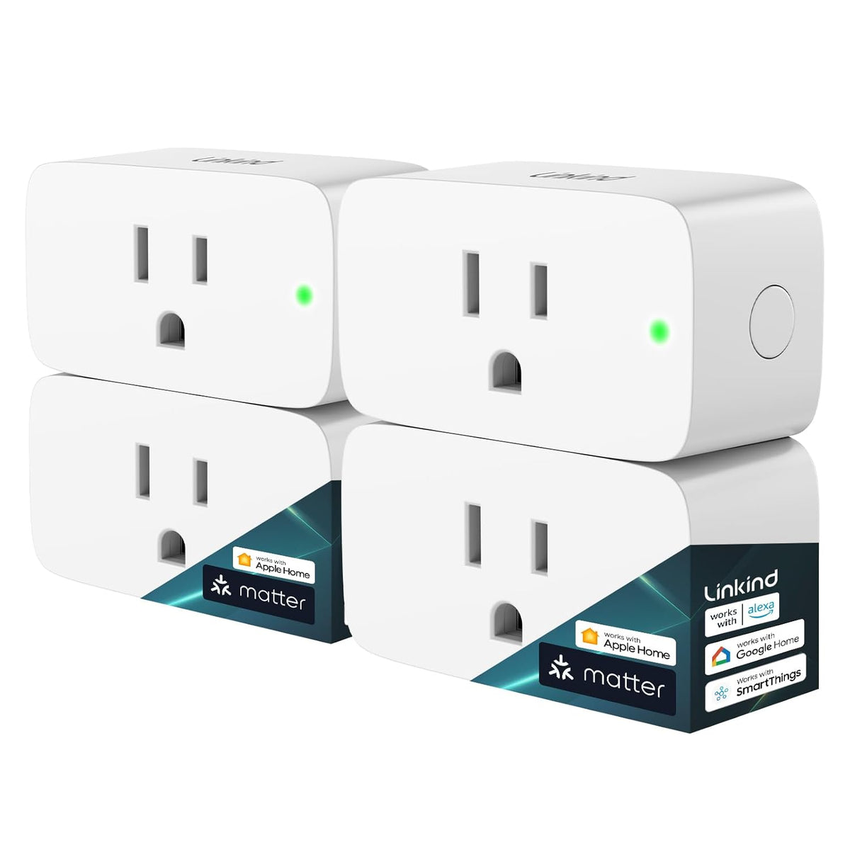 Linkind Matter Smart Plug, Work with Apple Home, Siri, Alexa, Google, SmartThings, Smart Home Smart Outlet Timer 15A/1800W, APP Remote Control & Schedule, ETL & FCC Certified, 2.4G Wi-Fi Only, 4 Pack