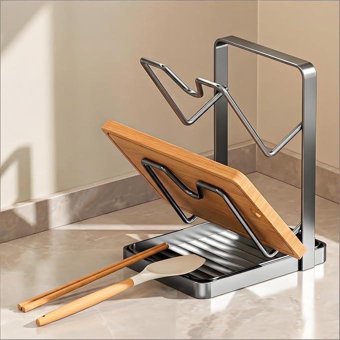 Pot Lid Organizer Holder Rack for While Cooking Under Cabinet Crockpot Pan and Storage Crock Spoon Rest with Kitchen Top Double U-Shaped Slots Steel Countertop Counter Stainless Stand Drip Tray