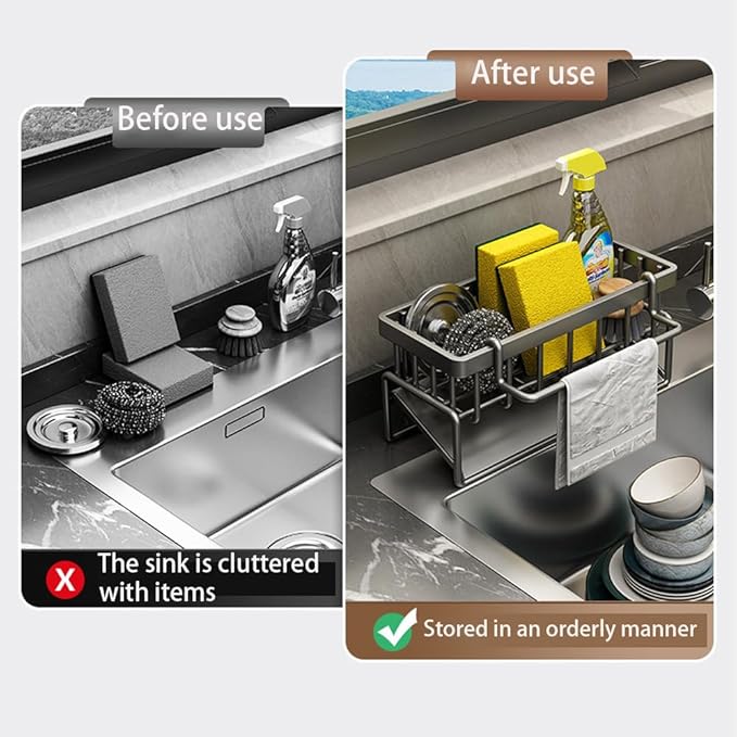 Sink Caddy Kitchen Sink Organizer, Sponge Holder for Kitchen Countertop for Dish Brush Gloves, Dish Cloth Hanger, Rustproof Kitchen Caddy with Drip Tray (Grey)