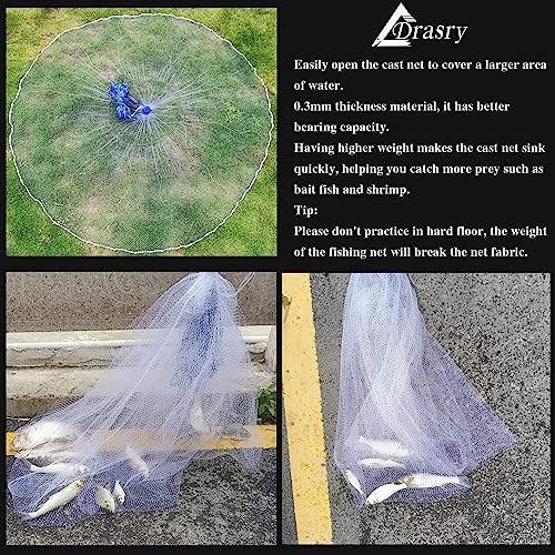 Drasry Saltwater Fishing Cast Net for Bait 3/8 1/4 or 1/2 with Heavy Sinkers Fish Trap Throw Net. Size 3ft/4ft/5ft/6ft/7ft/8ft/9ft/10ft Radius Freshwater Nets - size: 8FT (240cm) Radius, style: Lead Sinkers-3/8mesh-0.3mm Mono