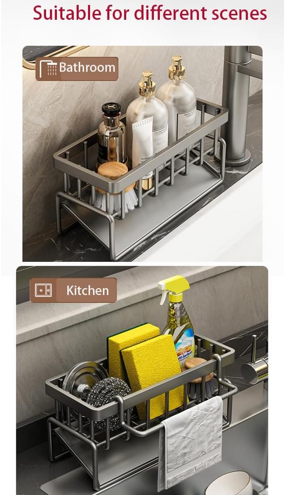 Sink Caddy Kitchen Sink Organizer, Sponge Holder for Kitchen Countertop for Dish Brush Gloves, Dish Cloth Hanger, Rustproof Kitchen Caddy with Drip Tray (White)