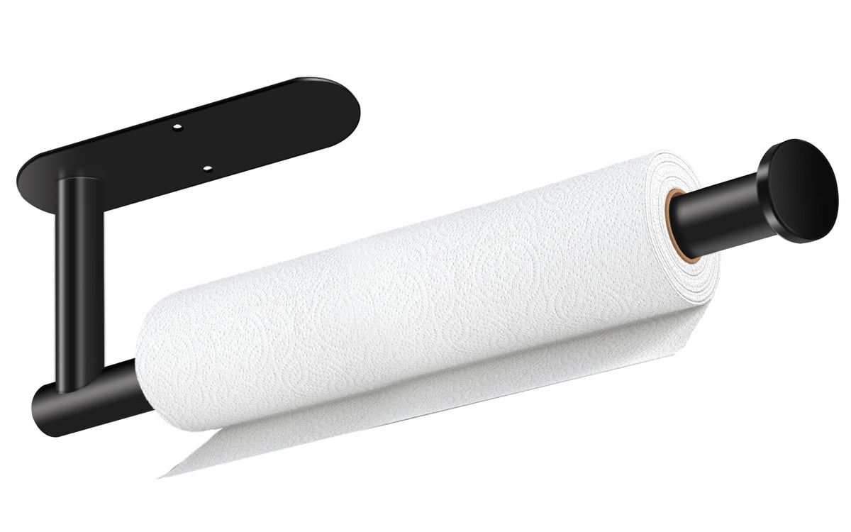 Paper Towel Holder, Self Adhesive or Drilling Paper Towel Holder Under Cabinet, Stainless Steel Black Paper Towel Holders Wall Mount for Kitchen, Bathroom, Sink, Pantry, Fridge