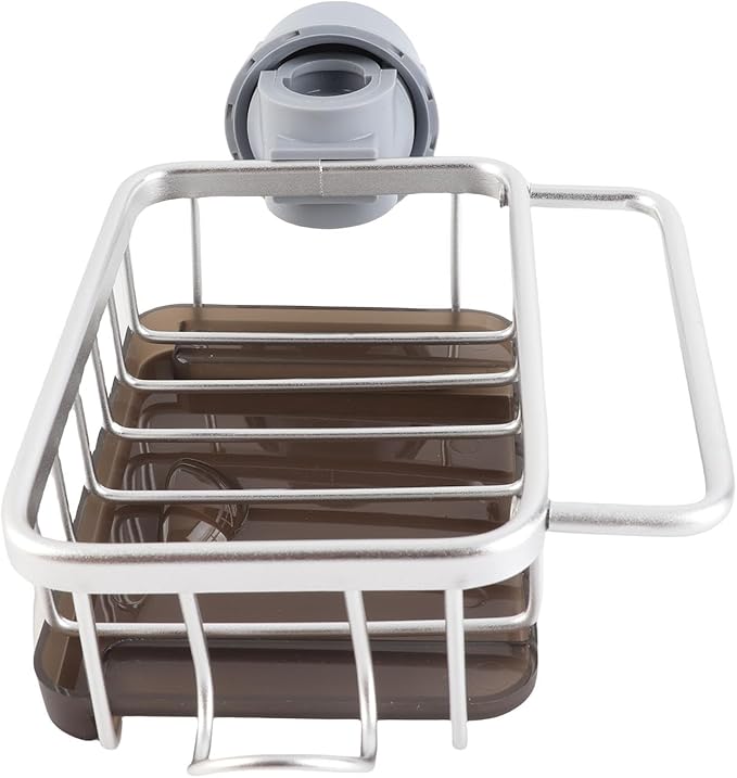 Zerodis Kitchen Sink Faucet Organizer, Space Aluminum Rustproof Dish Sponge Holder with Divider and Drip Tray for Kitchen Dishwashing Sponges Brushes Cloth (Silver)