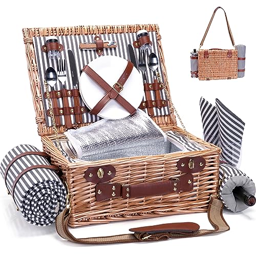Picnic Basket with Blanket and Wine Pouch for 2 Wicker Picnic Set with Insulated Liner Cooler Bag Hamper for Camping,Wedding - Stripes