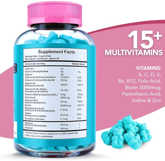 Vegan Hair Skin and Nails Gummies - Biotin Gummies w/Sugar, Bear Shaped Supplement w/ Biotin 5000mg + Vitamins A, C, D, E, B6, B12 + Zinc | Hair Vitamins for Faster Hair Growth for Women & Men