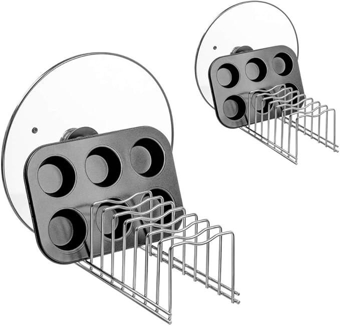Slideep Pot Pan Lid Holder Rack Organizer, Kitchen Dish Plate Storage Organizer Drying Rack, Bakeware Pot Lid Rack Holder Organizer, Pantry and Cabinet Holder,Set of 2