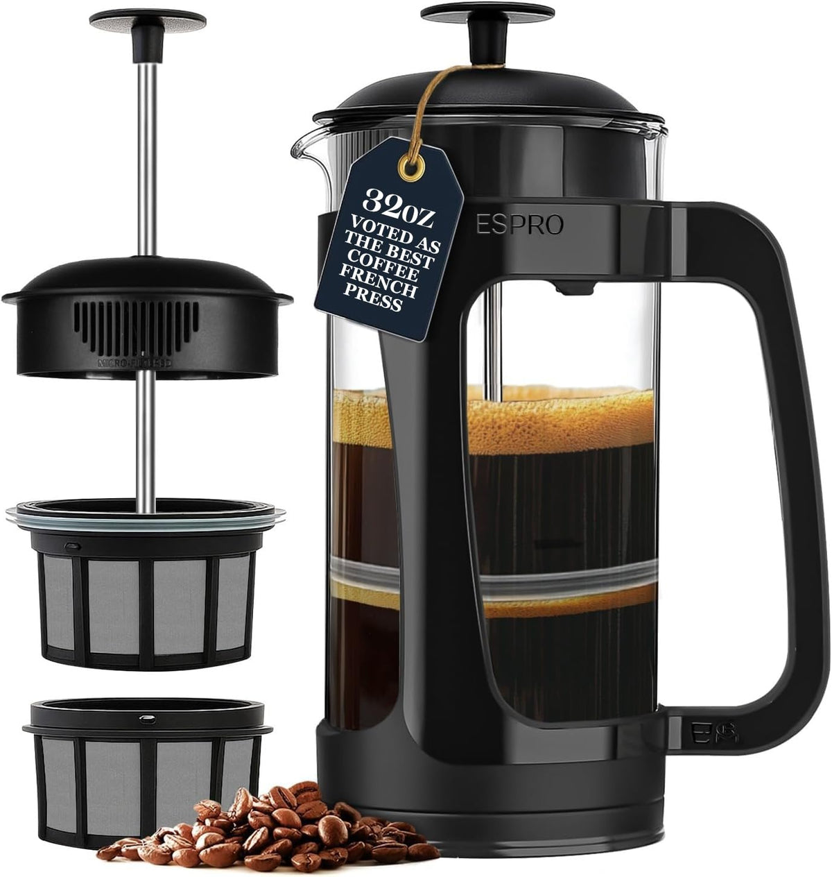 ESPRO P3 French Press Coffee Maker – Patented Double Micro-Filter for Grit-Free Brew, Heat Resistant thicker Borosilicate Glass Coffee press – (Black 32 oz)