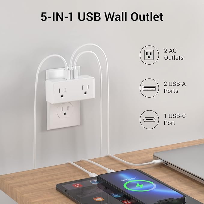 Clear Power 2-Outlet Wall Tap with 3 USB Ports(1 USB-C), Multi Plug Outlet Extender USB Wall Charger, Compact Dual Plug Expander with USB-C, Grounded, 3-Prong, 2-Pack, DC3S-10022P-DC