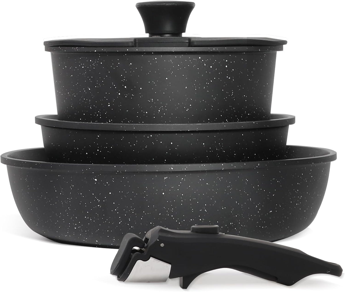 5PCS Pots and Pans Set Non Stick, Kitchen Cookware Sets with Detachable Handle, Ceramic Cookware Sets, Non Stick RV Cookware Cooking Set, Dishwasher ＆ Oven Safe, PFOA Free, Black
