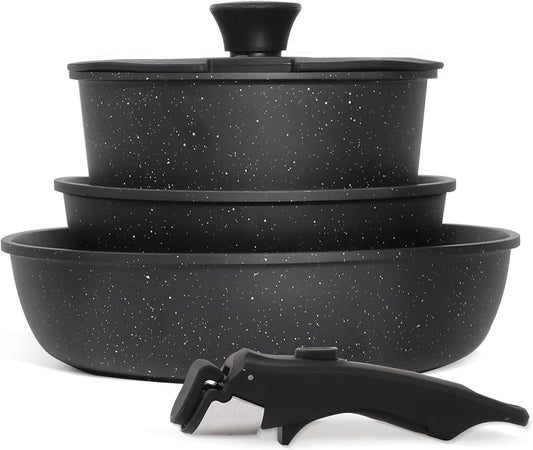 5PCS Pots and Pans Set Non Stick, Kitchen Cookware Sets with Detachable Handle, Ceramic Cookware Sets, Non Stick RV Cookware Cooking Set, Dishwasher ＆ Oven Safe, PFOA Free, Black