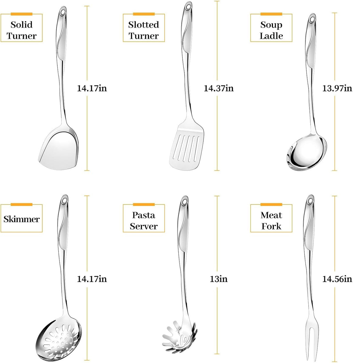 Stainless Steel Cooking Utensils Set - 6 Piece Kitchen Utensils Set, One Piece Seamless Handle Stainless Steel Utensils with Hanging Hole, Dishwasher Safe
