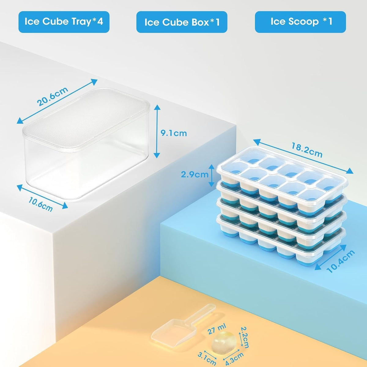 DOQAUS Ice Cube Tray with Lid and Bin - 4 Pack Silicone Ice Cube Trays for Freezer, Stackable Ice Bucket Kits with Storage Container & Scoop for Kitchen, RV, Cocktail, Coffee