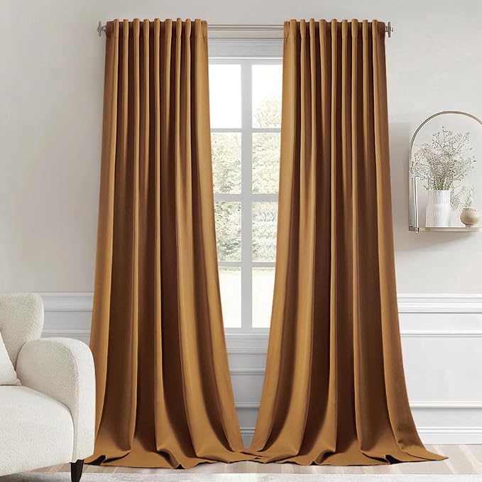 MIULEE Golden Brown Back Tab Blackout Curtain 96 Inch Long 2 Panels Set