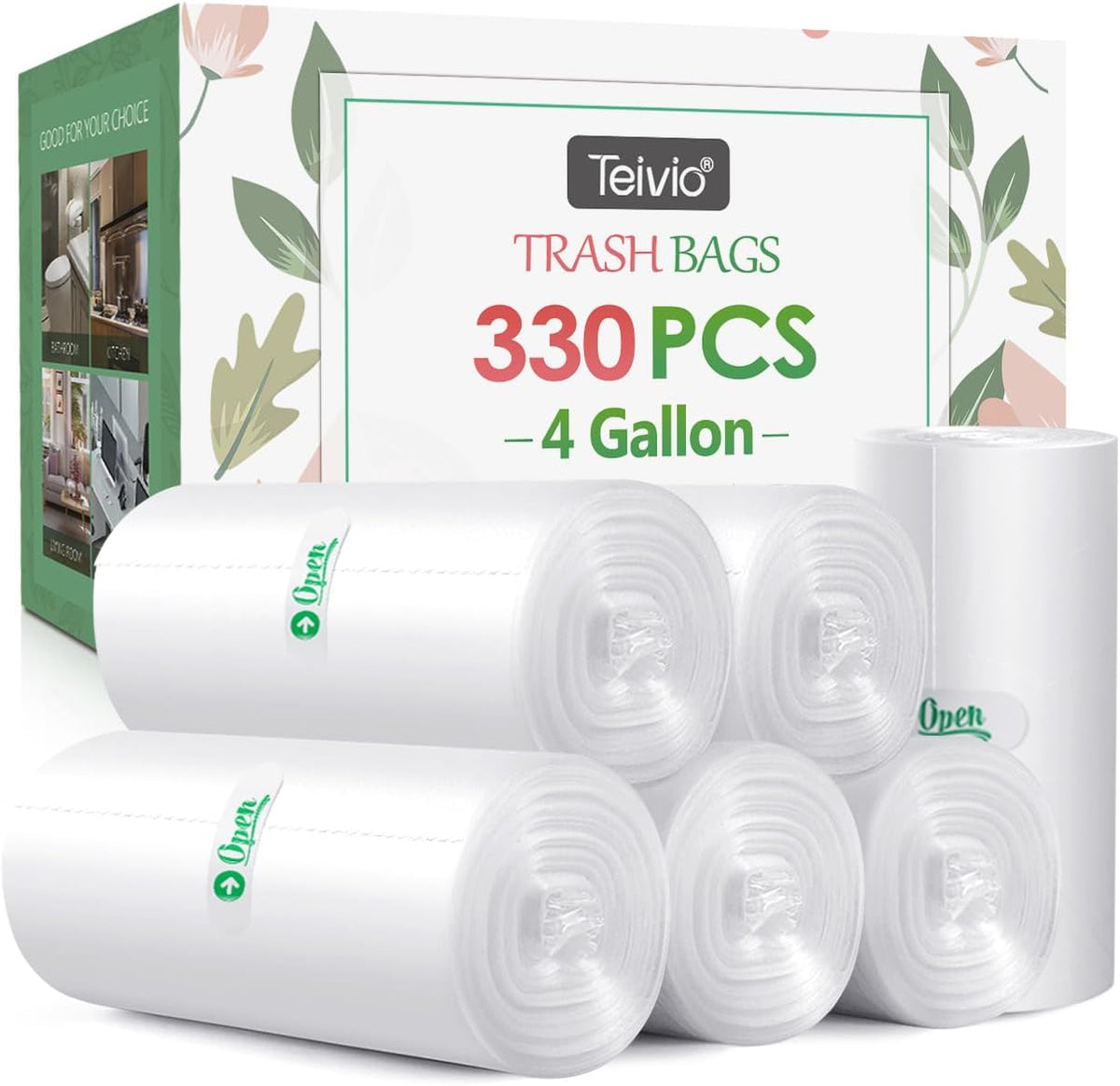 4 Gallon 330 Counts Strong Trash Bags Garbage Bags by Teivio, Bathroom Trash Can Bin Liners, Small Plastic Bags for home office kitchen (Clear)