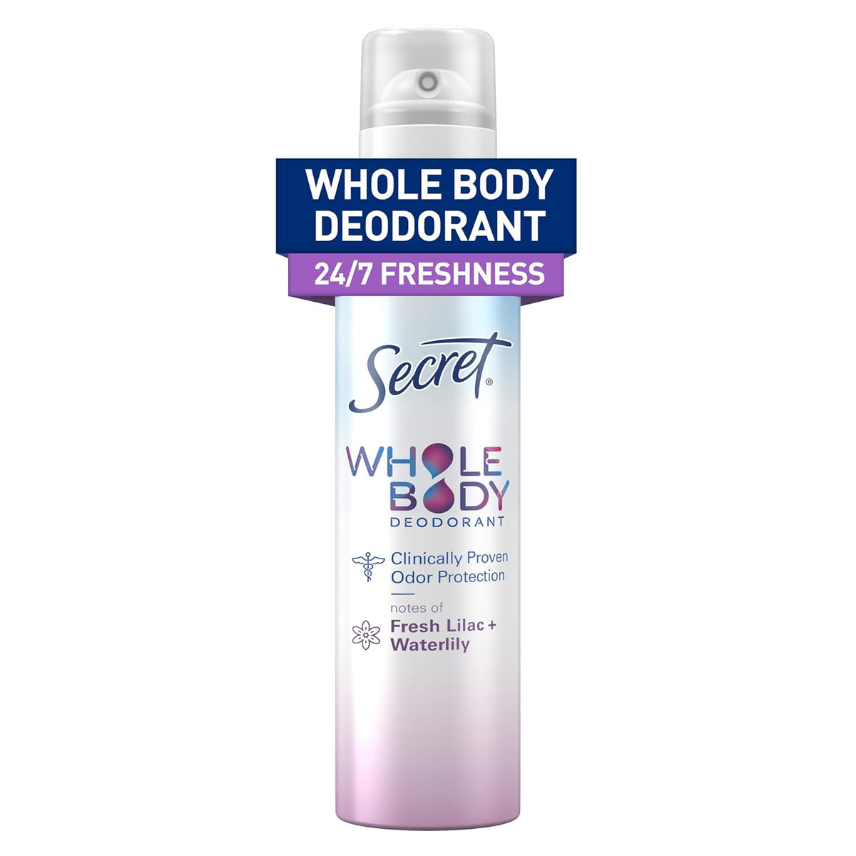 Secret Whole Body Deodorant Spray for Women, Lilac & Waterlily Scent, Aluminum Free Deodorant Spray, 72 HR Odor Protection, 3.5 oz