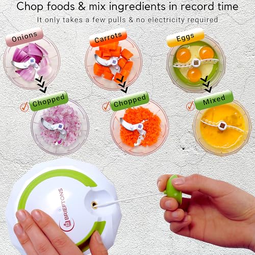 Brieftons QuickPull Manual Food Chopper: Large 4-Cup Powerful Hand Pull Chopper/Mincer/Mixer Blender to Chop Onion, Garlic, Vegetables, Fruits, Herbs for Salsa, Salad, Pesto, Puree, Indian Cooking