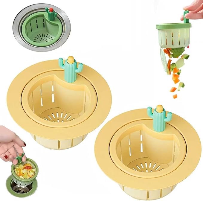 Cactus Kitchen Sink Drain Strainer, 2026 New Self‑Cleaning Press Dumping Basket, Faucet Hanging Filter, Food Residue Collector Kitchen Bathroom Accessory (2Pcs Yellow)