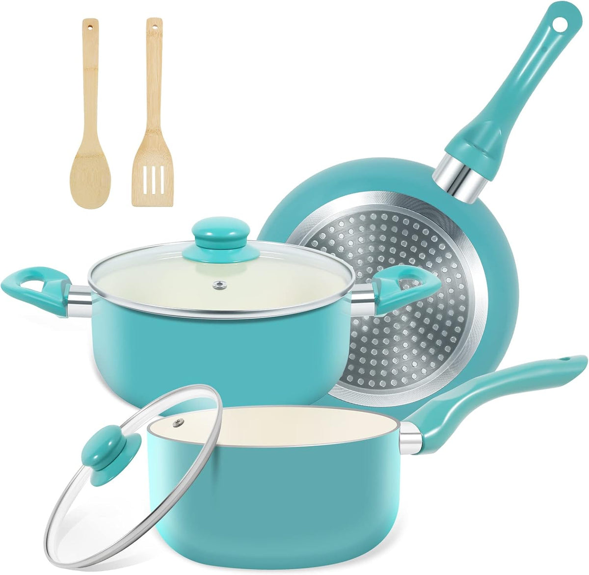 Pots and Pans Set, 7 Piece Nonstick Ceramic Cookware Set, Kitchen Induction Cookware Sets, Pots and Pans Non Stick with Stay Cool Handle, 100% PFOA Free, Turquoise