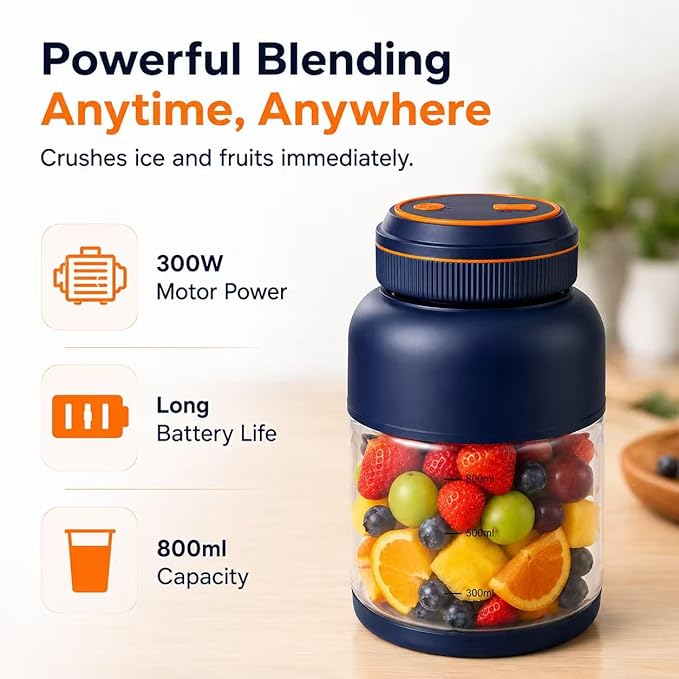 Portable Appliances Juicer, 2026 New 44oz Personal Size Blender for Shakes and Smoothies, Dual Lid Compact Travel Drinking Cup with Leakproof Handle for Office Outdoor (Blue, 800, Milliliters)