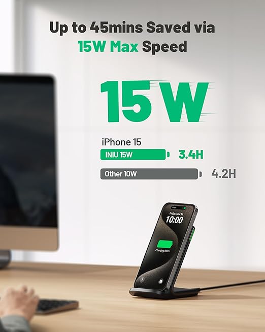 INIU Wireless Charger, 15W Fast Qi Certified Wireless Charging Station with Sleep-Friendly Adaptive Light Compatible with iPhone 17 16 15 14 13 12 Pro Max Samsung Galaxy S25 S24 S23 Note 20 Google etc